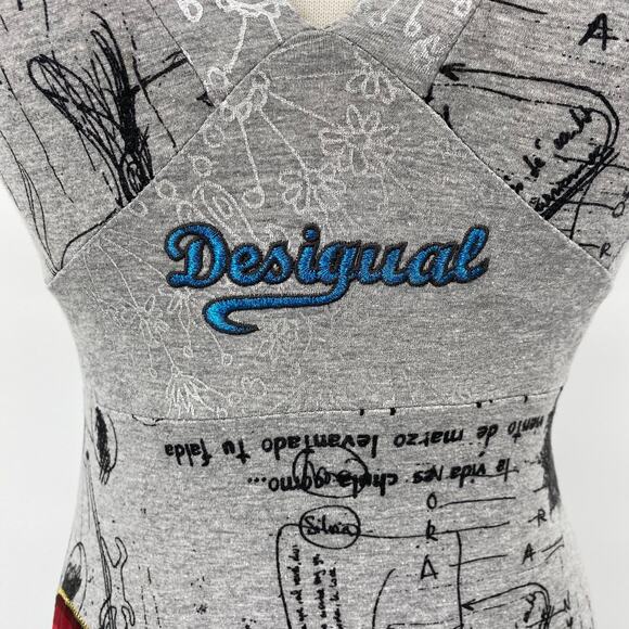 Desigual Nagore Mini Dress Sketchbook Pattern Fit & Flare V Neck Grey Womens S - Picture 4 of 16